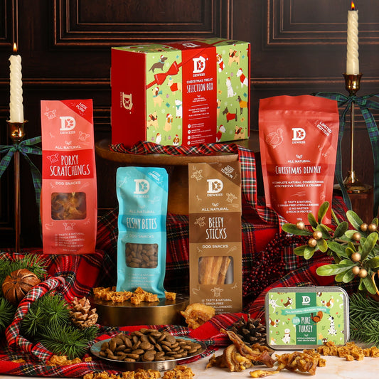Christmas Dog Selection Gift Box, with festive treats for dogs displayed.