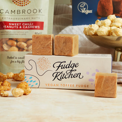 Close up of products in The Vegan Indulgence Hamper, a luxury gift hamper from hampers.com UK