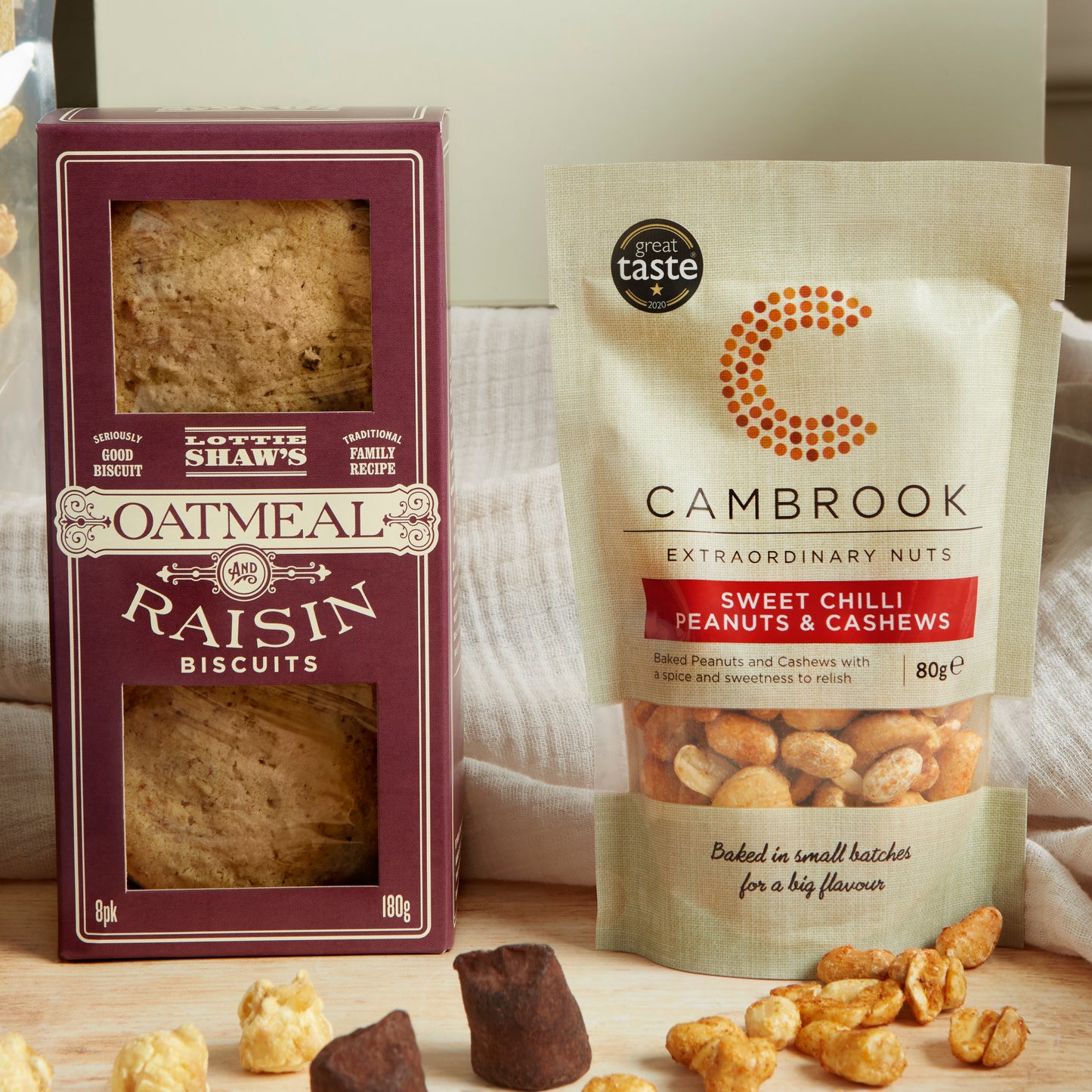 Close up of products in The Vegan Indulgence Hamper, a luxury gift hamper from hampers.com UK