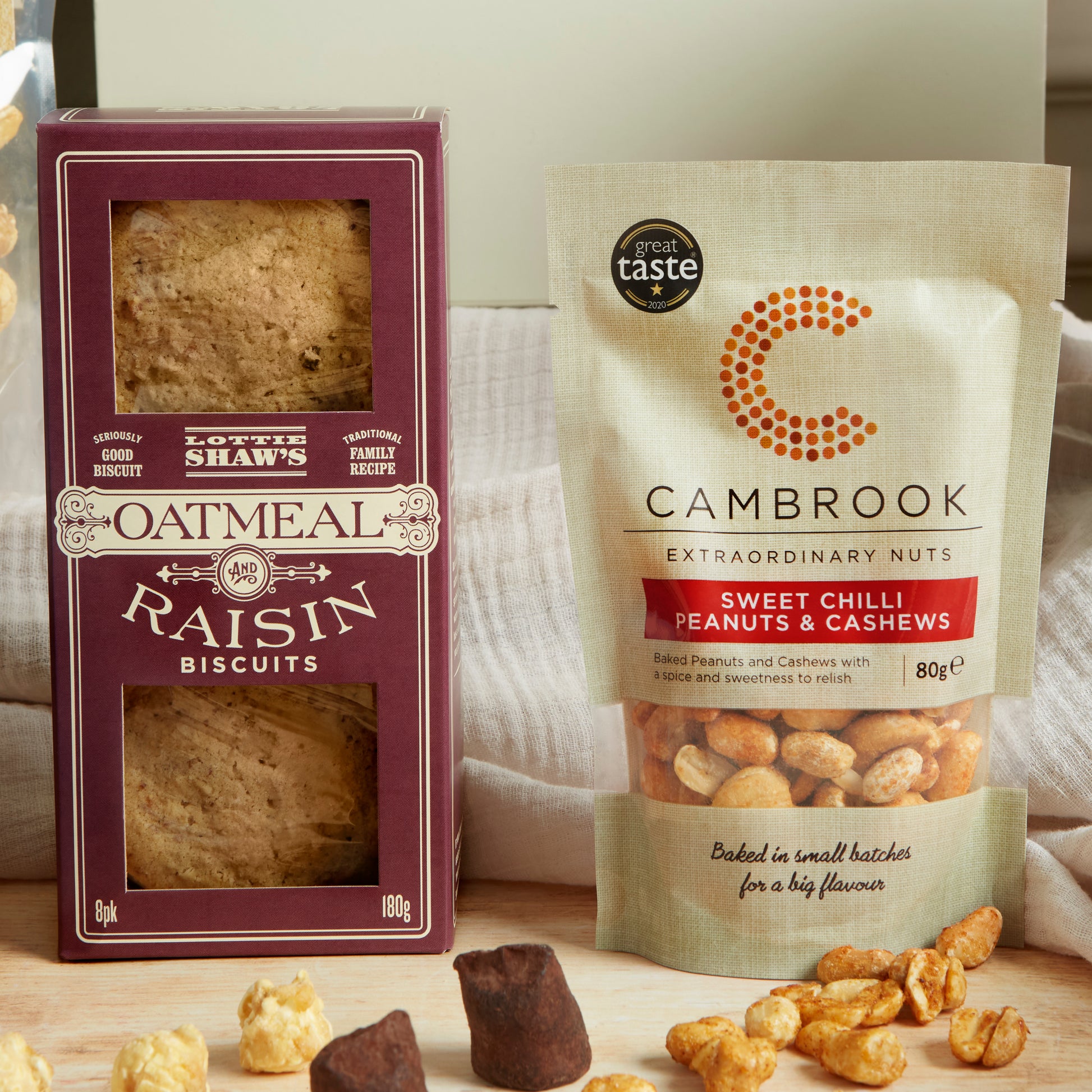 Close up of products in The Vegan Indulgence Hamper, a luxury gift hamper from hampers.com UK