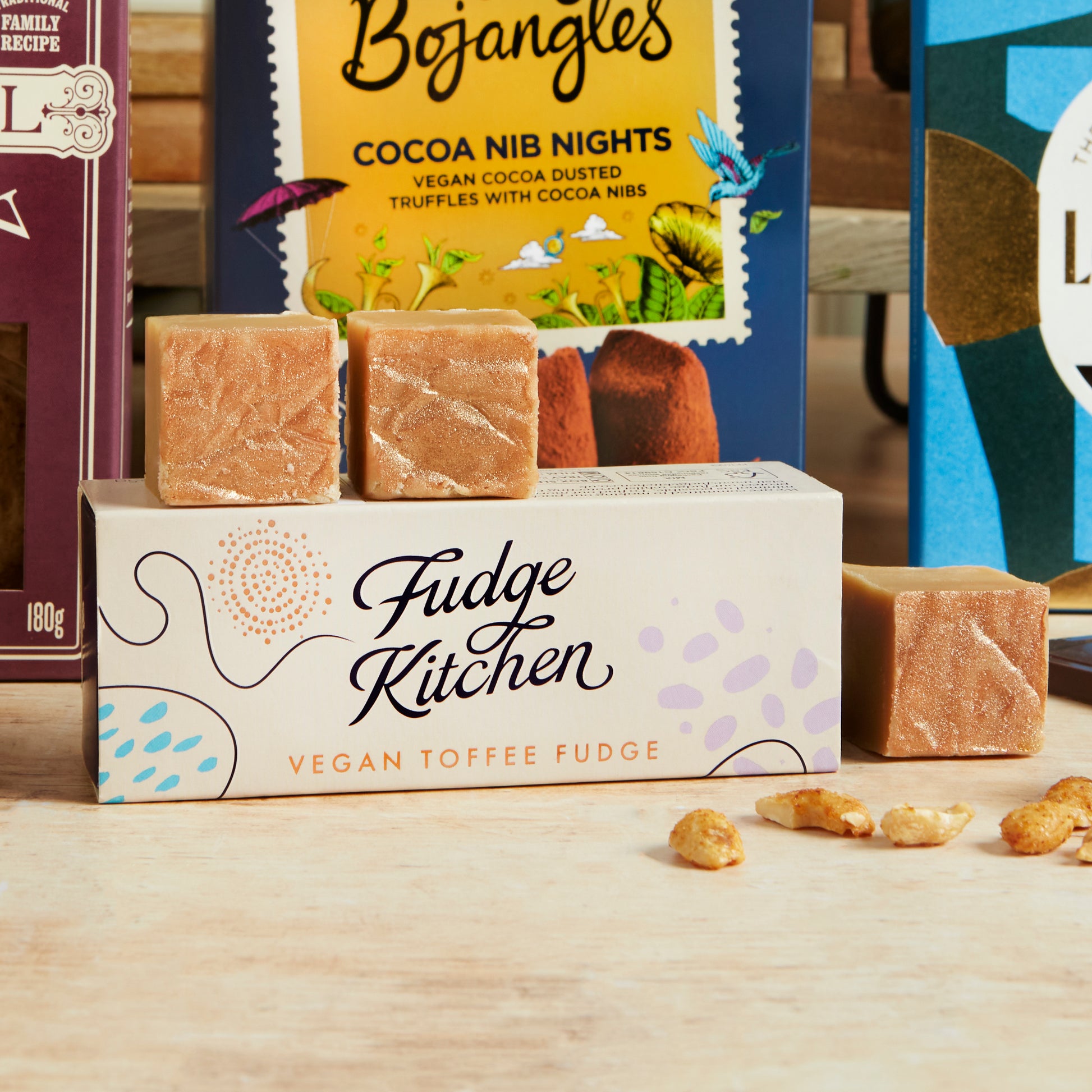 Close up of products in Red Wine & Vegan Treats Hamper, a luxury gift hamper from hampers.com UK