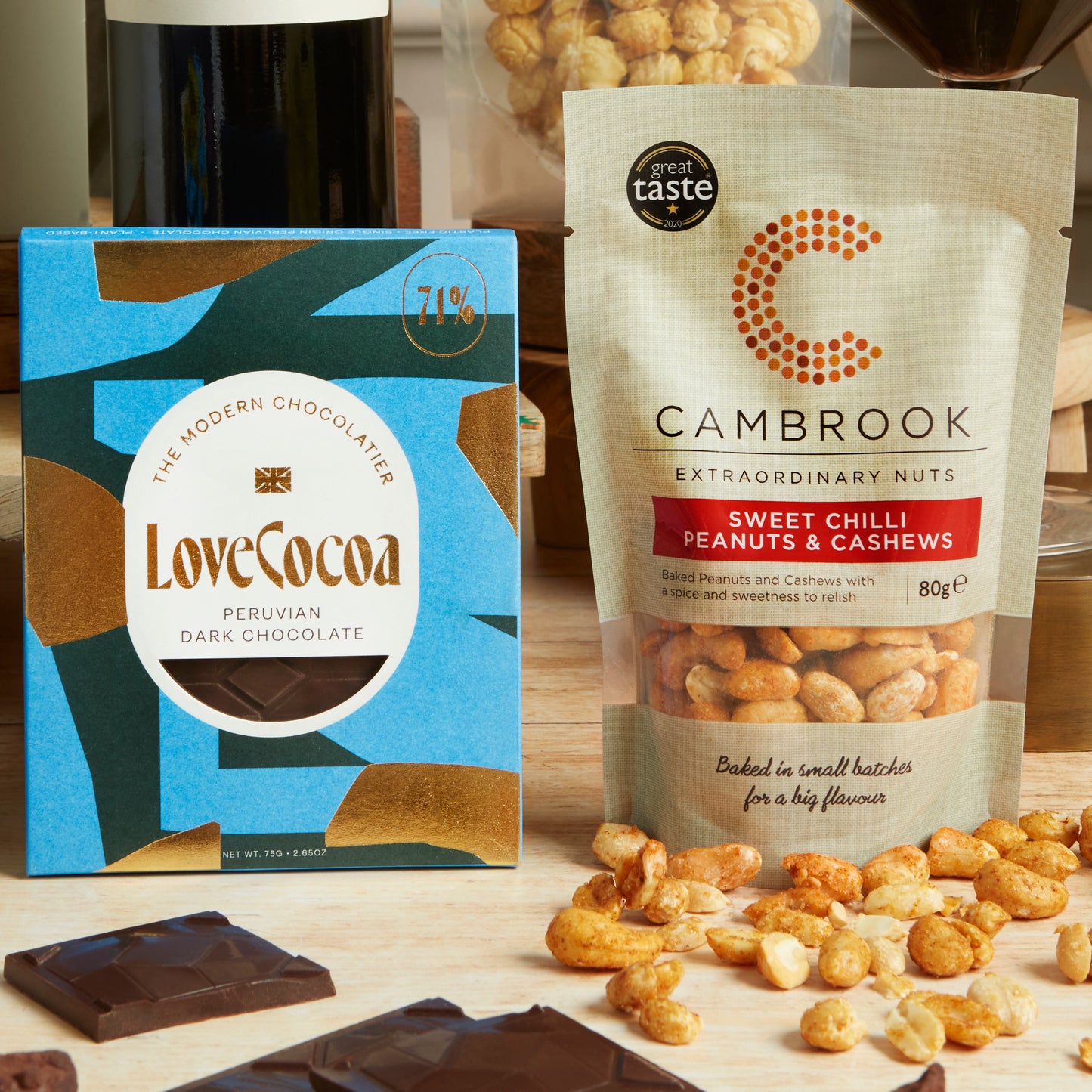 Close up of products in Red Wine & Vegan Treats Hamper, a luxury gift hamper from hampers.com UK