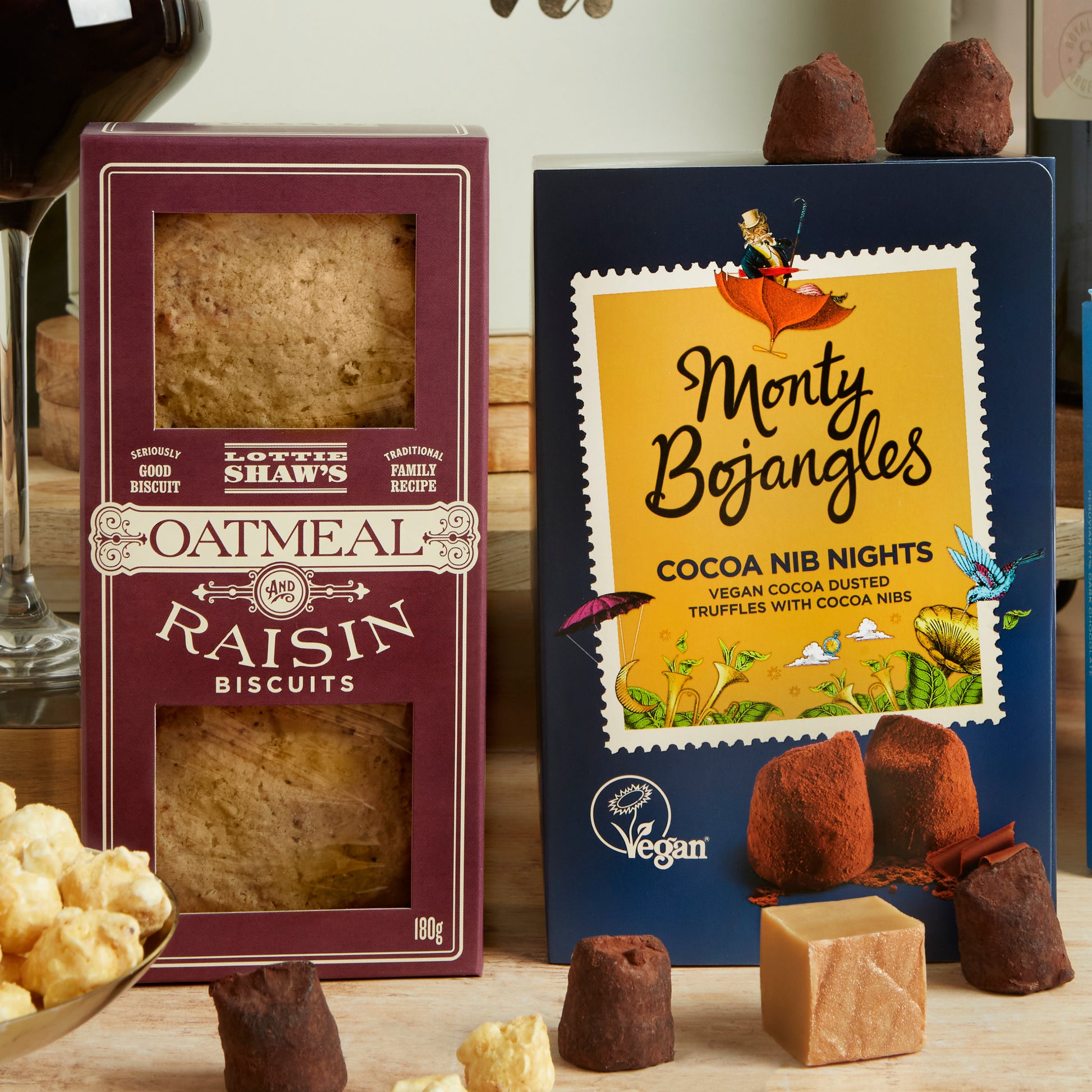 Close up of products in Red Wine & Vegan Treats Hamper, a luxury gift hamper from hampers.com UK