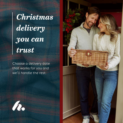 An image describing the delivery service, with a split design. The left side features a dark teal plaid background with white text reading 'Christmas delivery you can trust' and a stylised white logo at the bottom.