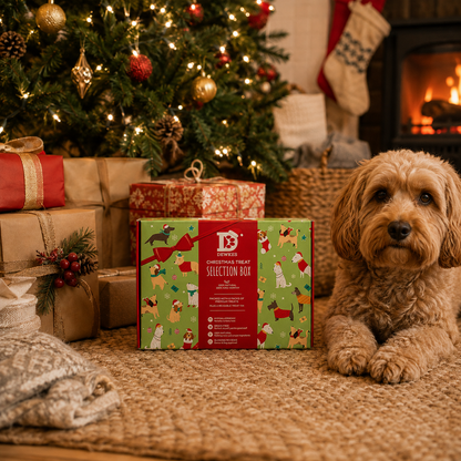 Christmas Dog Selection Gift Box showing a dog laying next to the gift box.