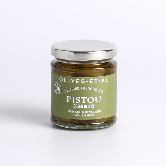 Image of 150g Pistou Basil & Garlic Green Olives by Olives Et Al, part of luxury gift hampers from hampers.com UK