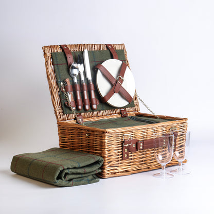 Image of Green Tweed Picnic Hamper with Blanket, part of luxury gift hampers from hampers.com UK