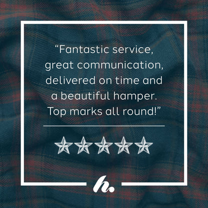 A five-star review graphic with white text on a dark teal plaid fabric background, framed by a thin white border with a stylised logo at the bottom.