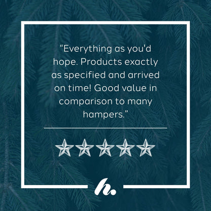 A five-star review graphic with a quote about products being as expected and arriving on time, set against a dark teal pine-branch background with a white border and logo at the bottom.