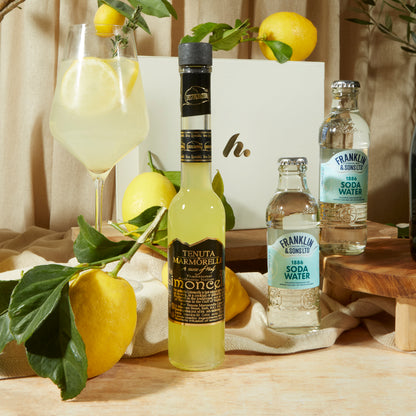 Close up of products in limoncello Spritz Gift Box, a luxury gift hamper from hampers.com UK