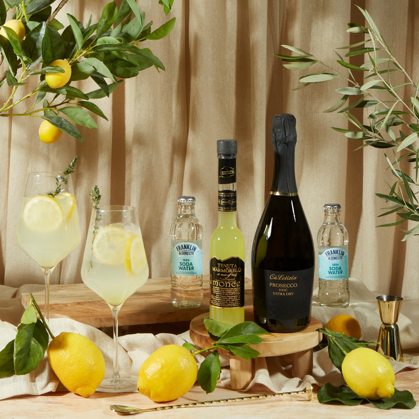 Close up of products in limoncello Spritz Gift Box, a luxury gift hamper from hampers.com UK