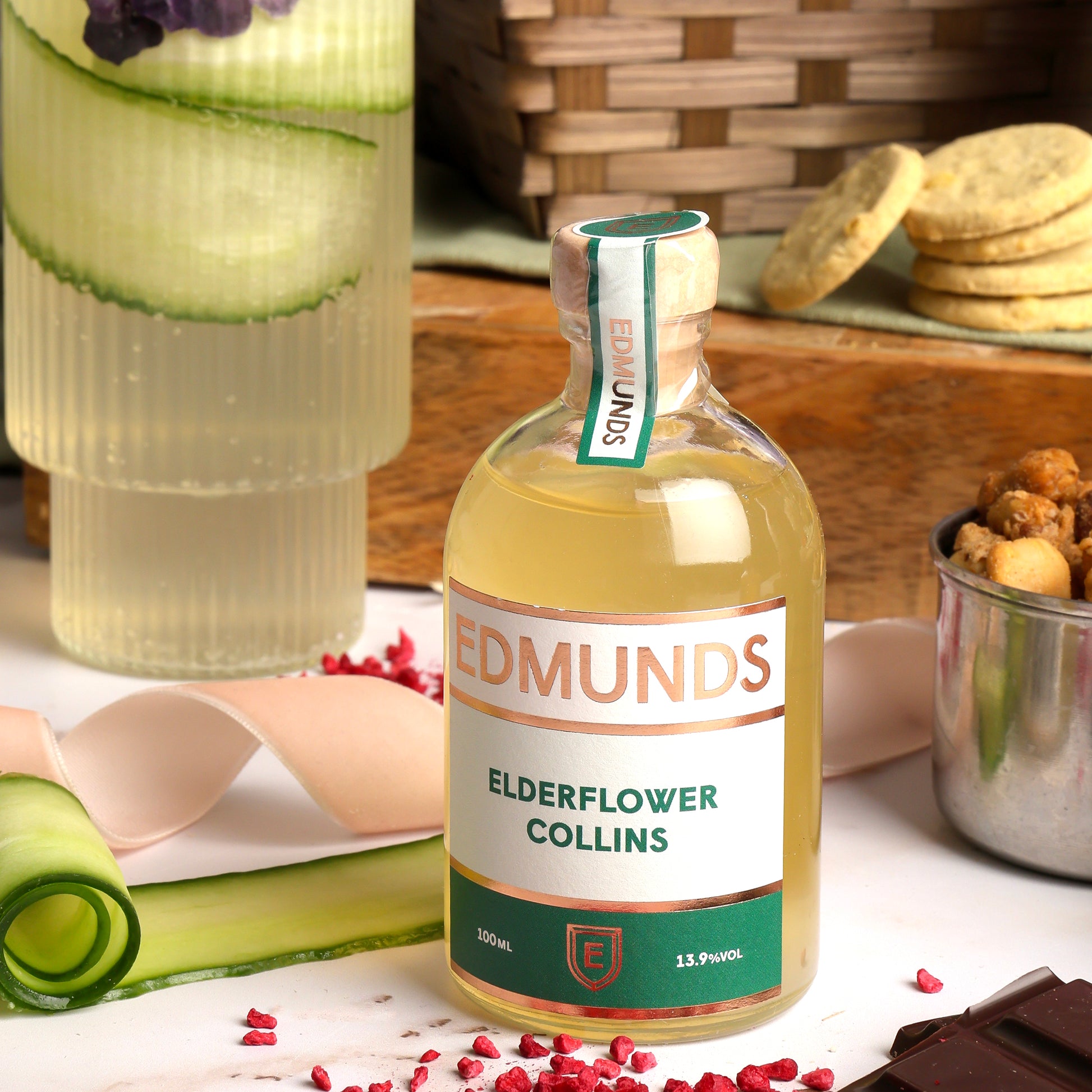 Close up of products in Luxury Cocktail and Treats Hamper, a luxury gift hamper from hampers.com UK