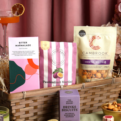 Close up of products in Luxury Cocktail and Treats Hamper, a luxury gift hamper from hampers.com UK