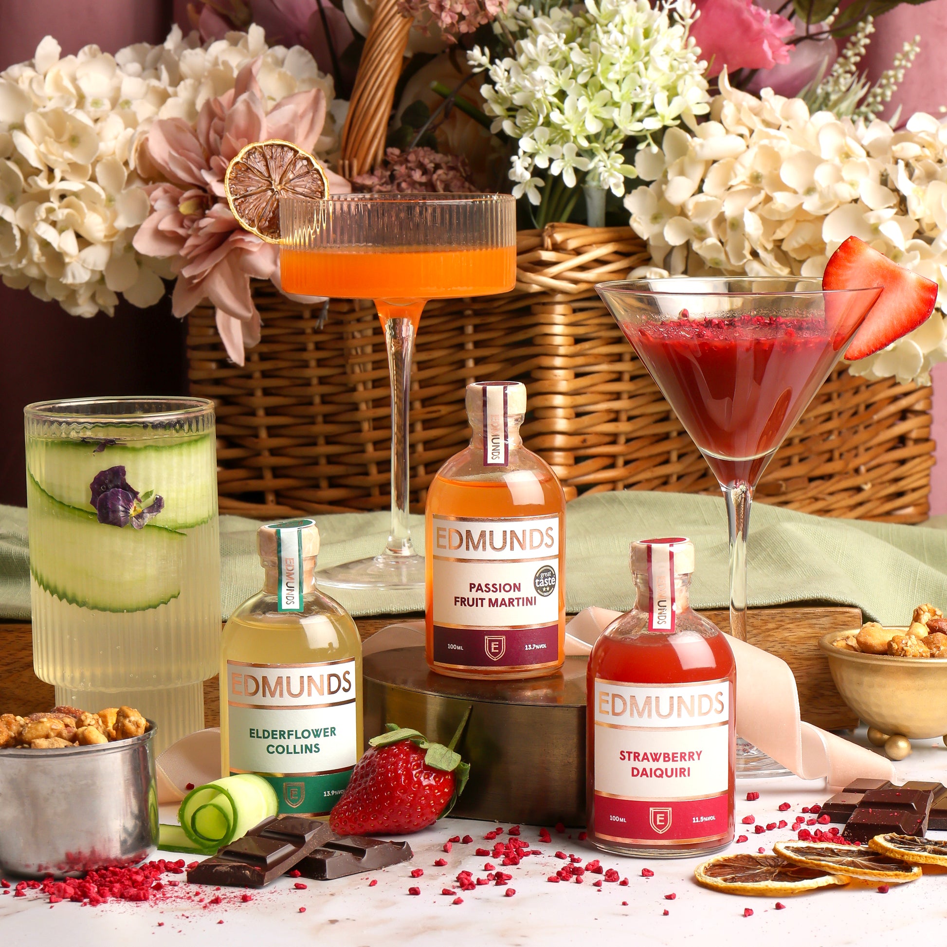 Close up of products in Luxury Cocktail and Treats Hamper, a luxury gift hamper from hampers.com UK