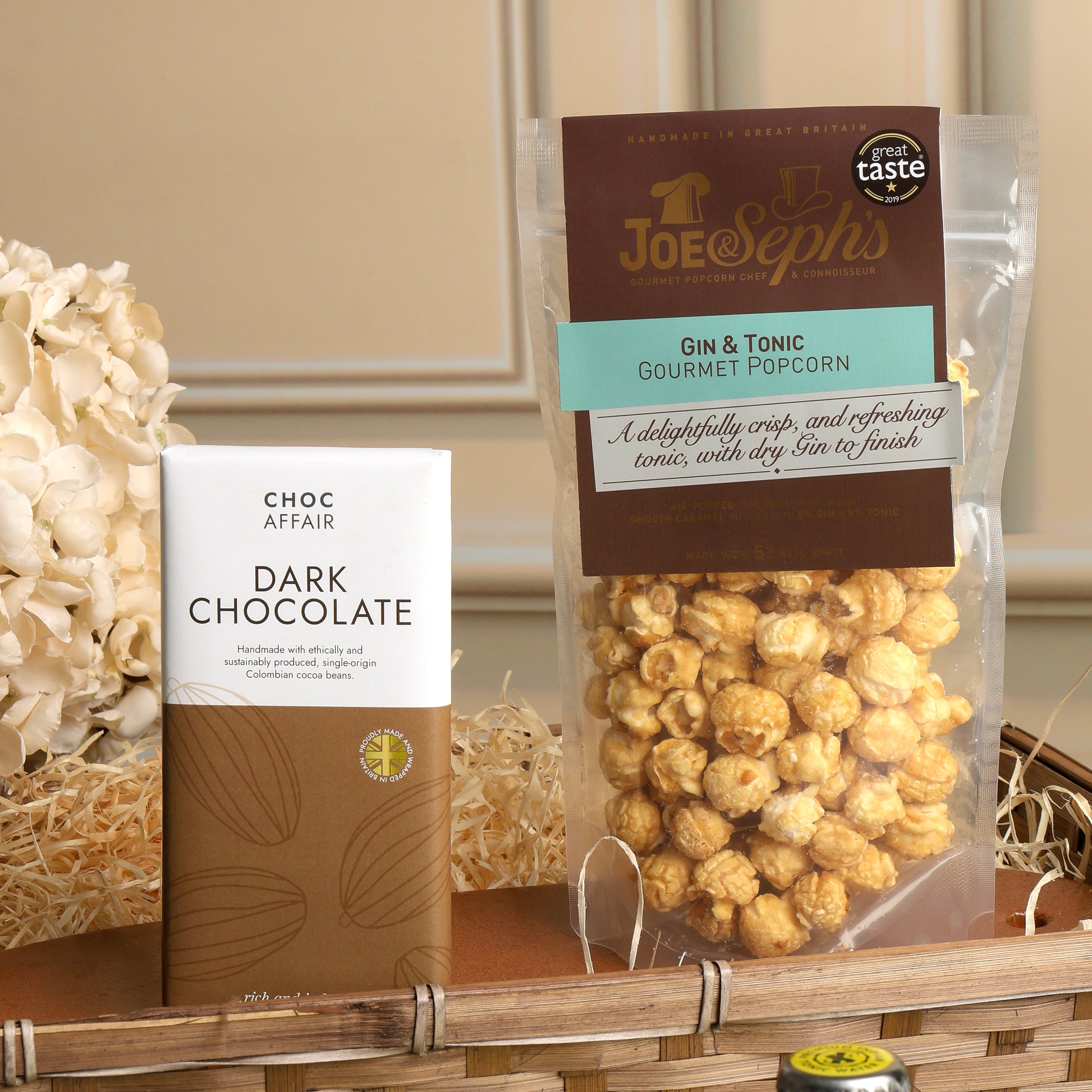 Close up of products in The Luxury Gin Hamper, a luxury gift hamper from hampers.com UK