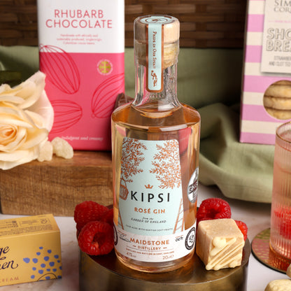 Close up of products in The Pink Gin Gift Hamper, a luxury gift hamper from hampers.com UK