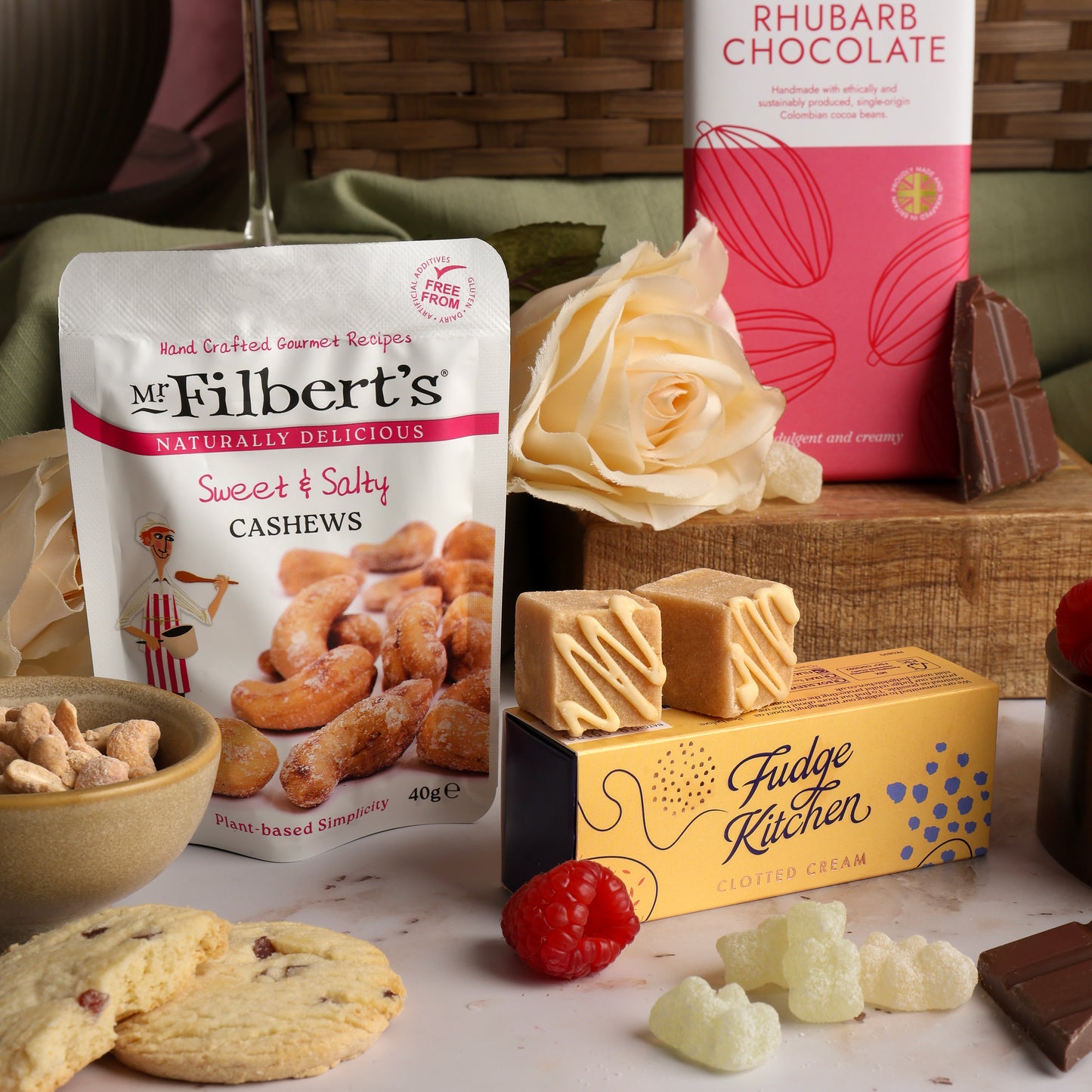 Close up of products in The Pink Gin Gift Hamper, a luxury gift hamper from hampers.com UK