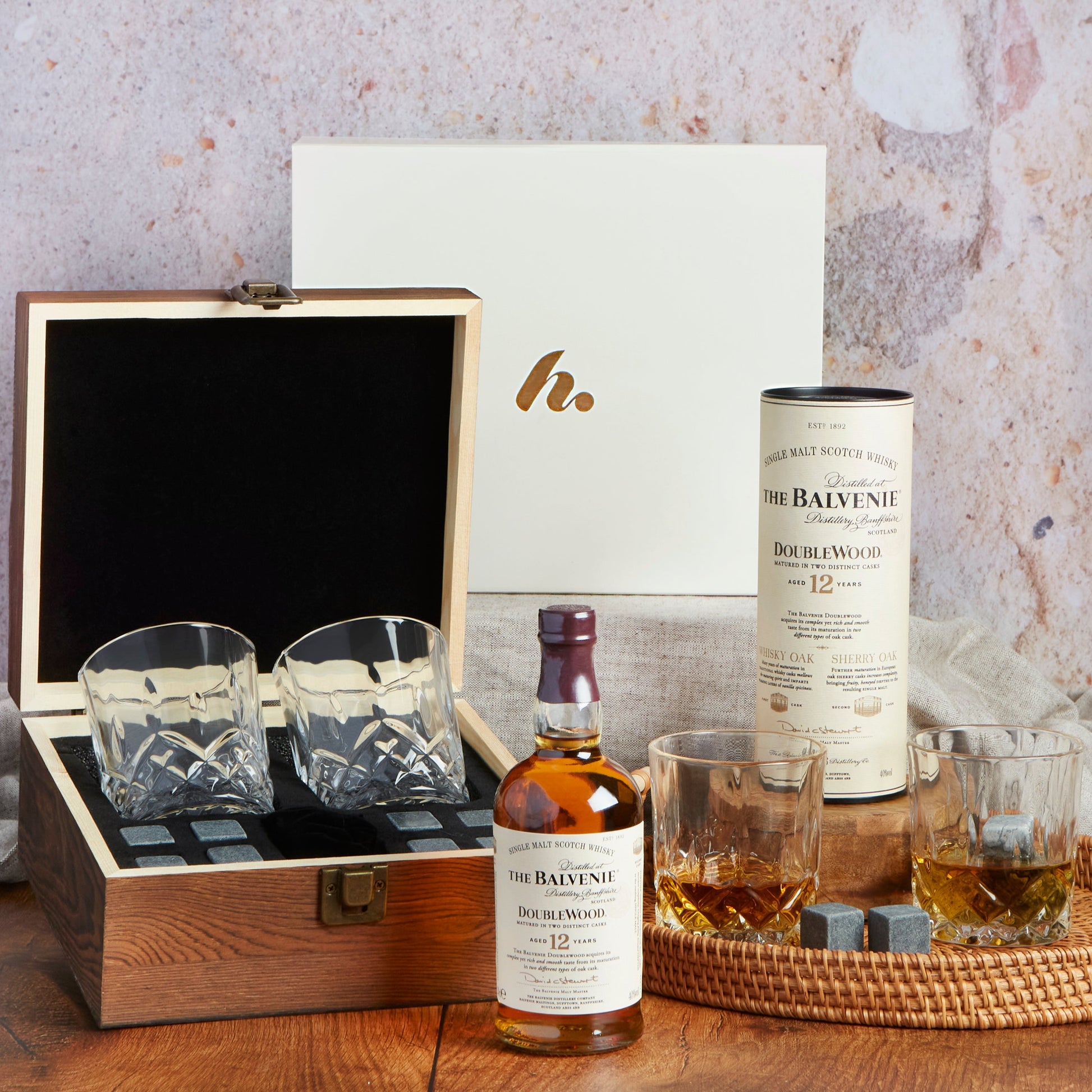Close up of products in Whisky, Glasses & Whisky Stones Gift, a luxury gift hamper from hampers.com UK