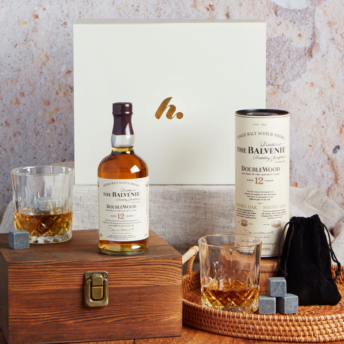 Main image of Whisky, Glasses & Whisky Stones Gift, a luxury gift hamper from hampers.com UK
