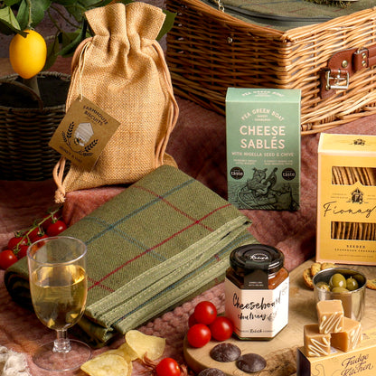 Close up of products in The Perfect Pairing Champagne Picnic Hamper, a luxury gift hamper from hampers.com UK