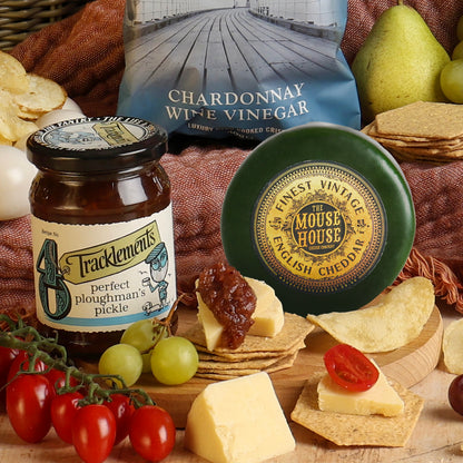 Close up of products in The Ploughmans Picnic Hamper, a luxury gift hamper from hampers.com UK