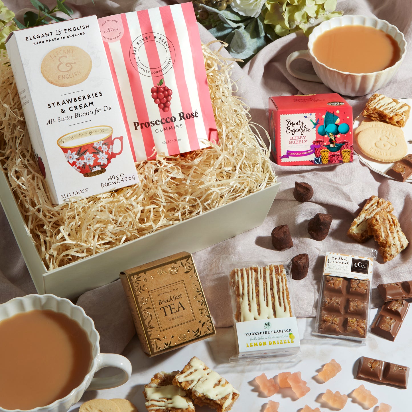 Close up of products in Sweet Treats Hamper for Her, a luxury gift hamper from hampers.com UK