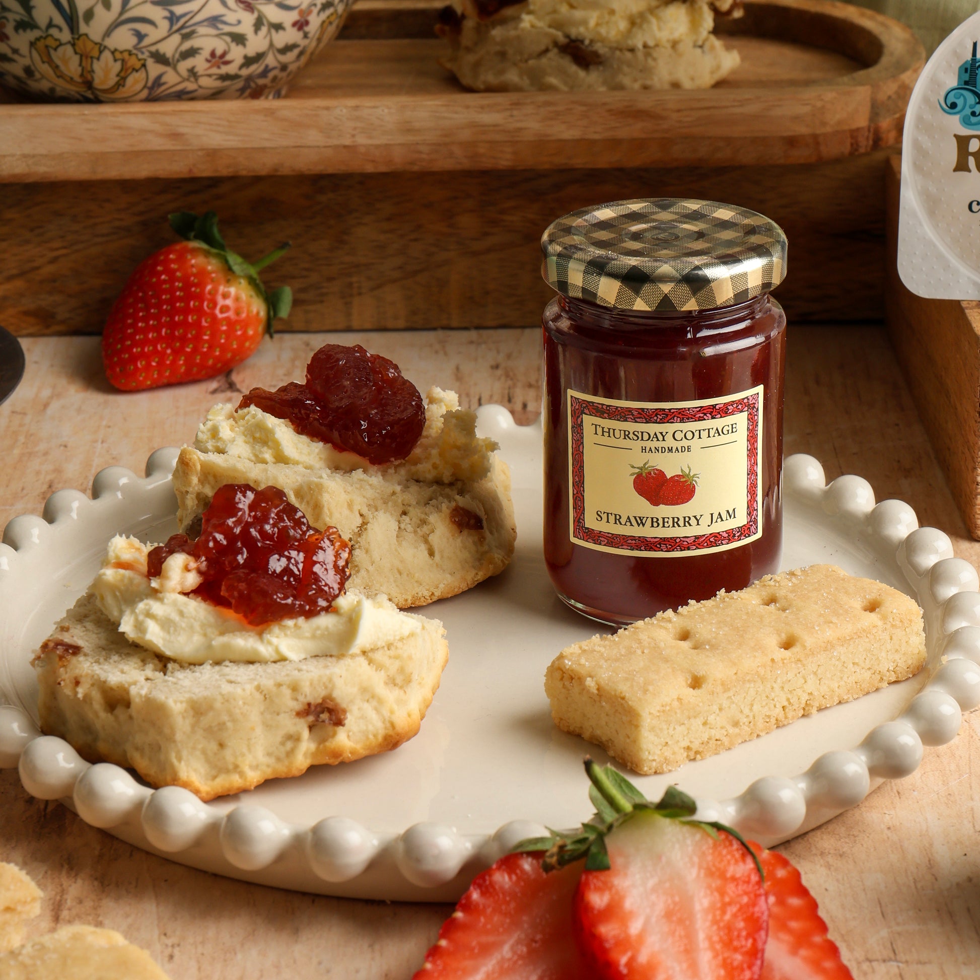 Close up of products in Luxury Cream Tea Gift Hamper, a luxury gift hamper from hampers.com UK