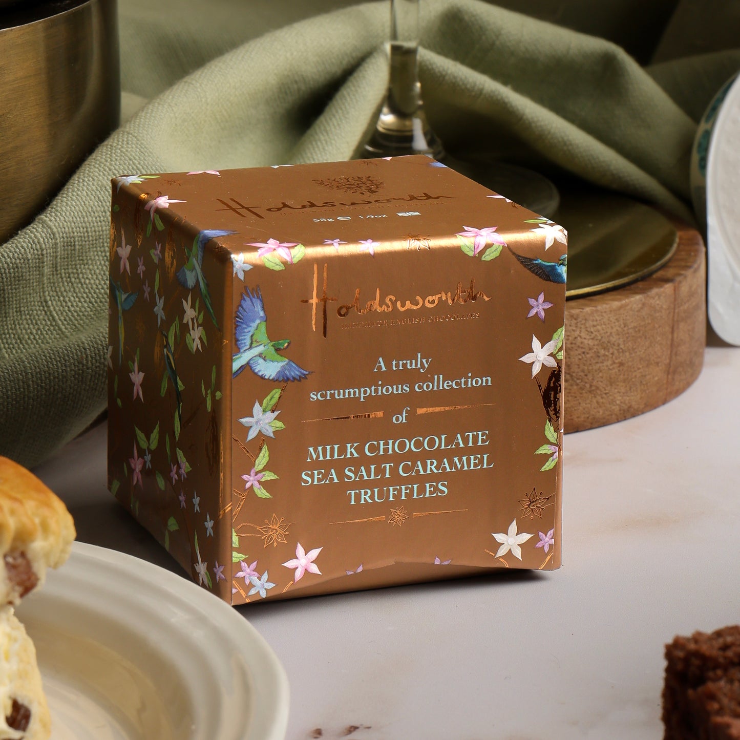 Close up of products in the Luxury Champagne Afternoon Tea Hamper, a luxury gift hamper from hampers.com UK