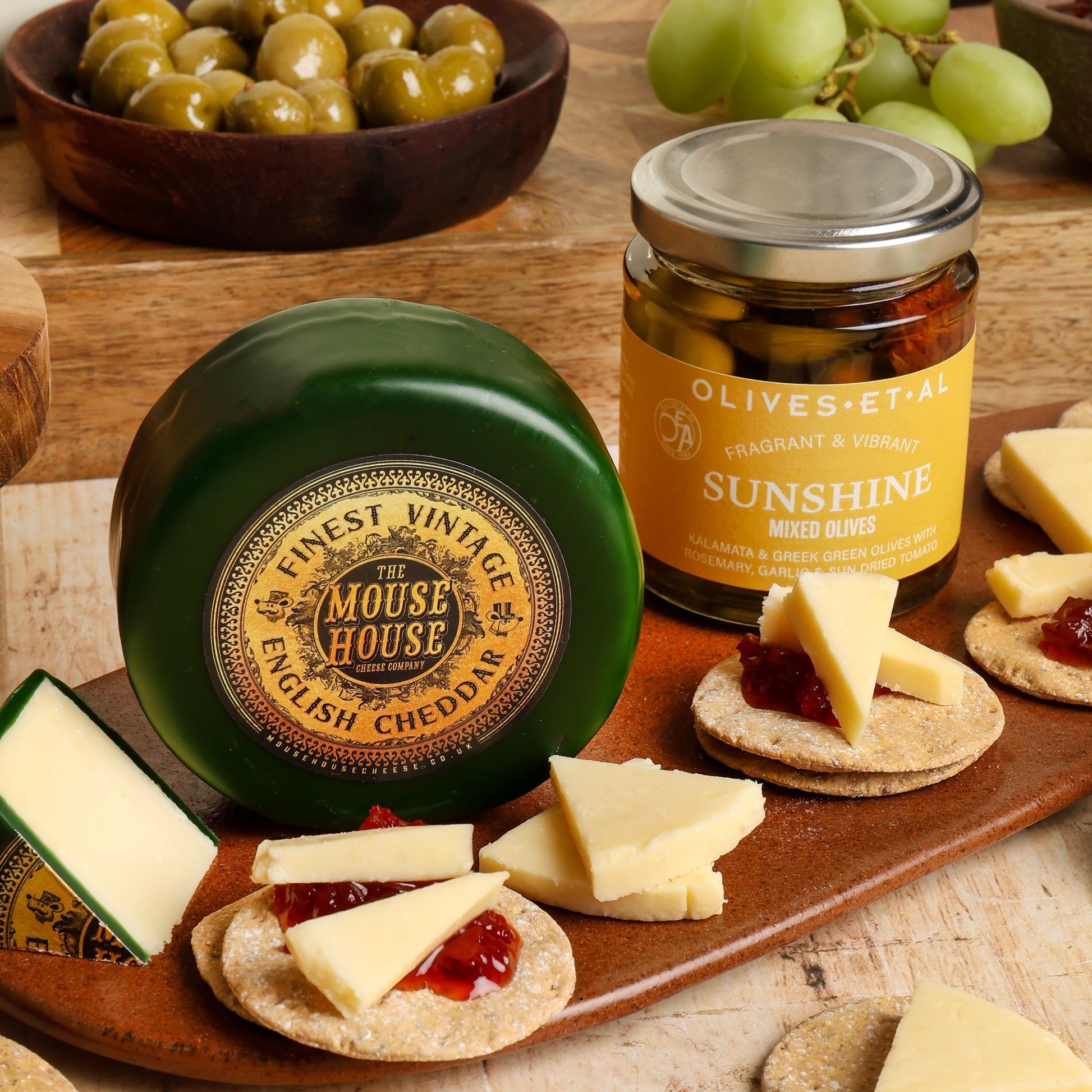 Close up of products in Gourmet Cheese & Wine Gift, a luxury gift hamper from hampers.com UK
