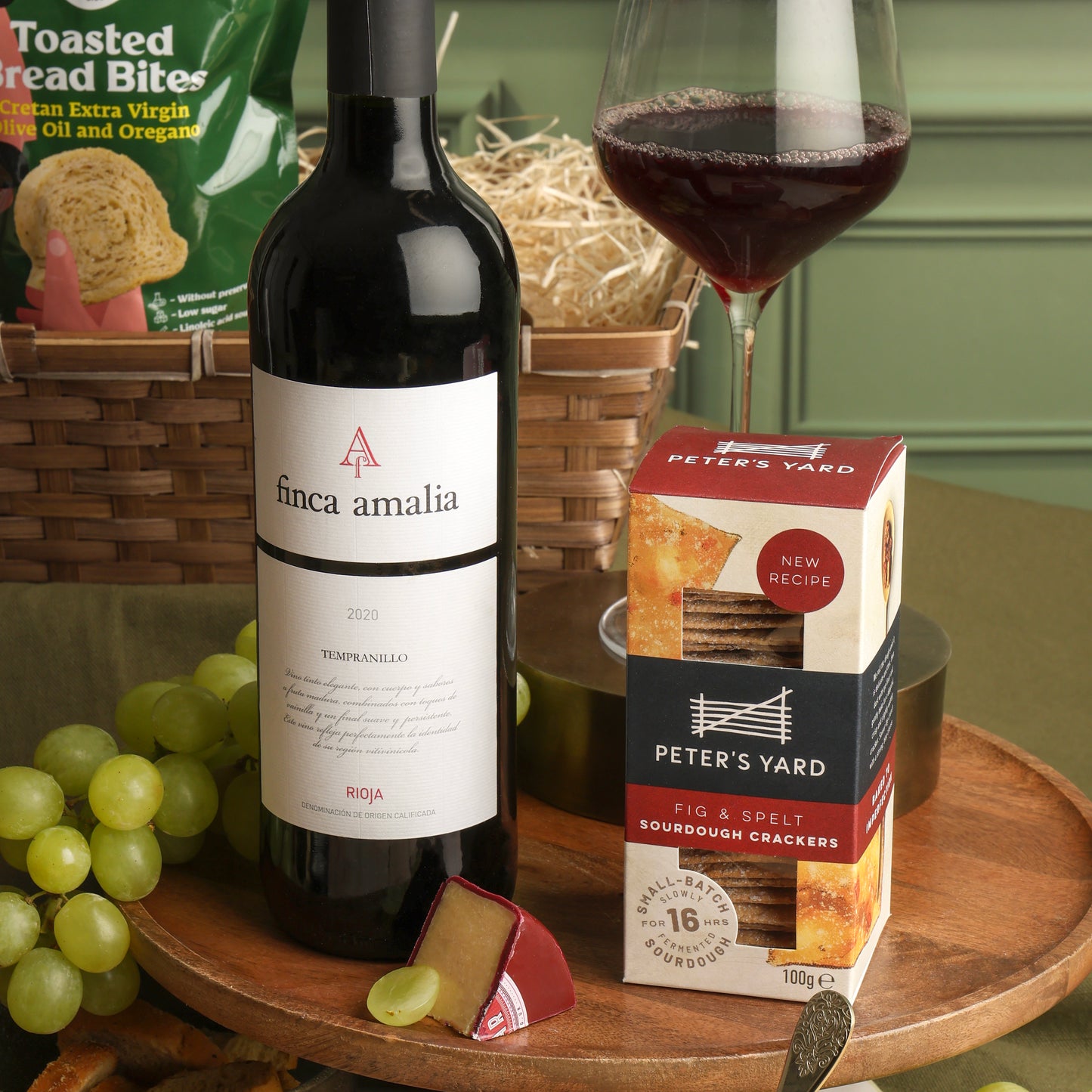 Close up of products in Wine, Cheese & Pâté Gift Hamper, a luxury gift hamper from hampers.com UK
