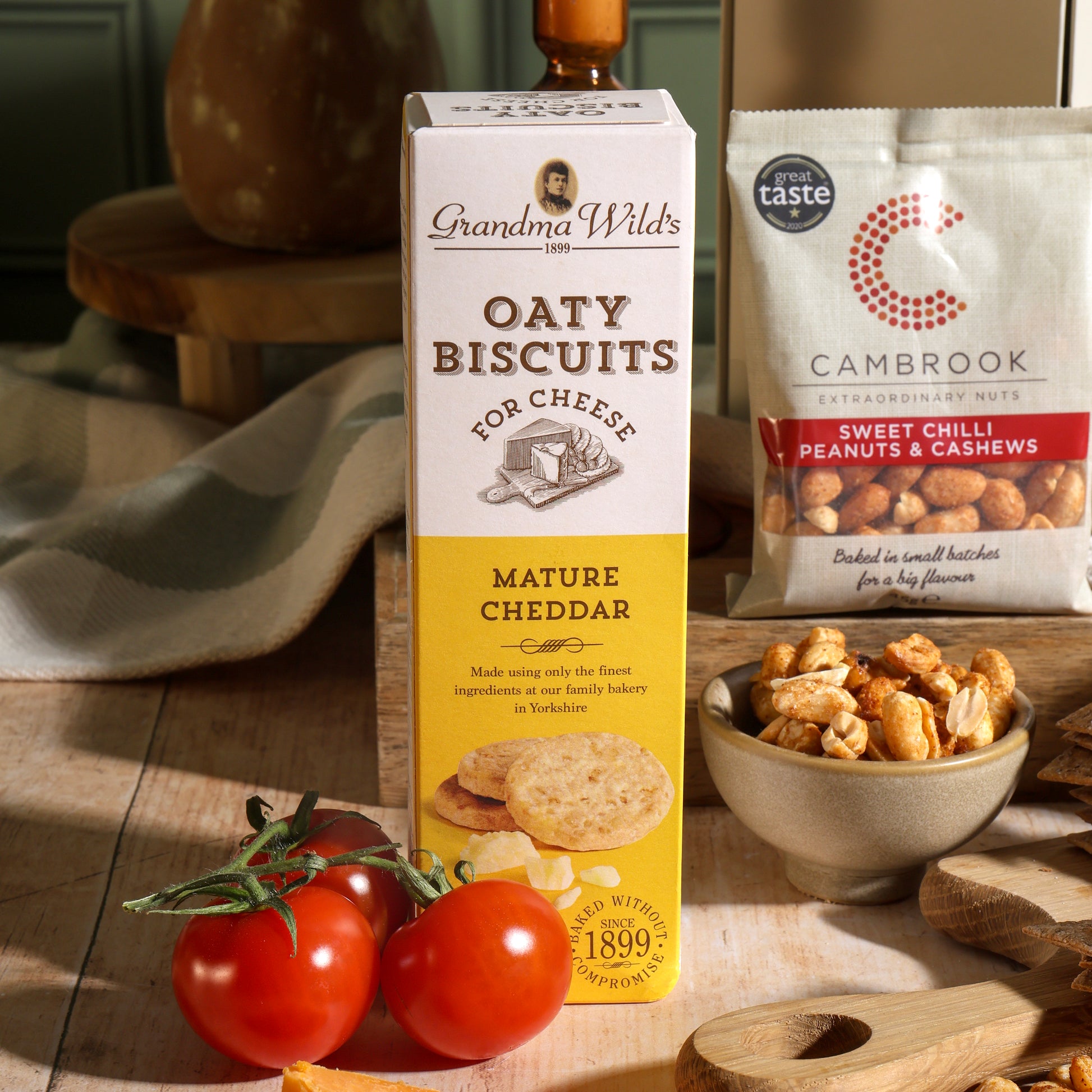 Close up of products in Cheese and Nibbles Gift, a luxury gift hamper from hampers.com UK