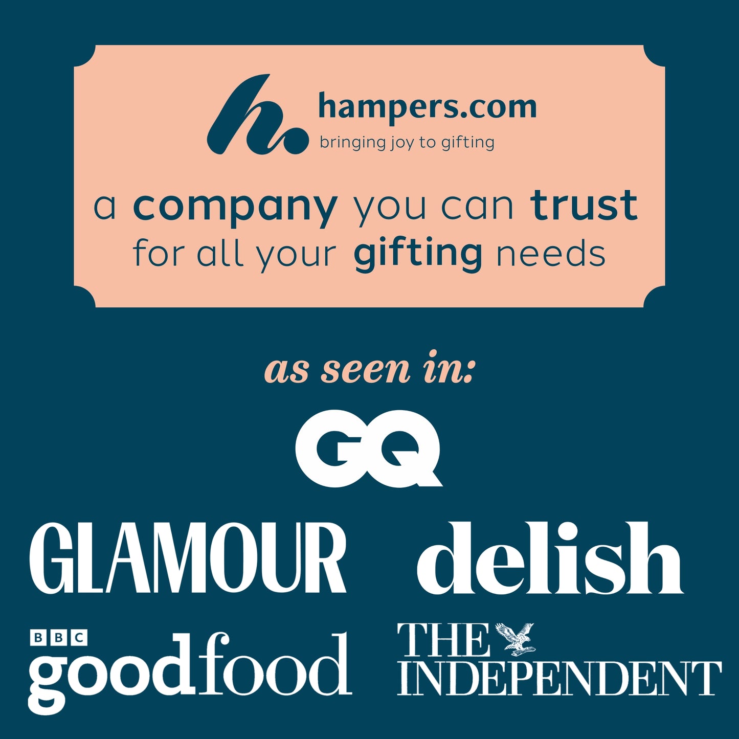 Advertisement for Hampers.com with their website URL and a list of publications they are associated with on a blue background.