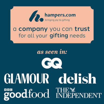 Advertisement for Hampers.com with their website URL and a list of publications they are associated with on a blue background.