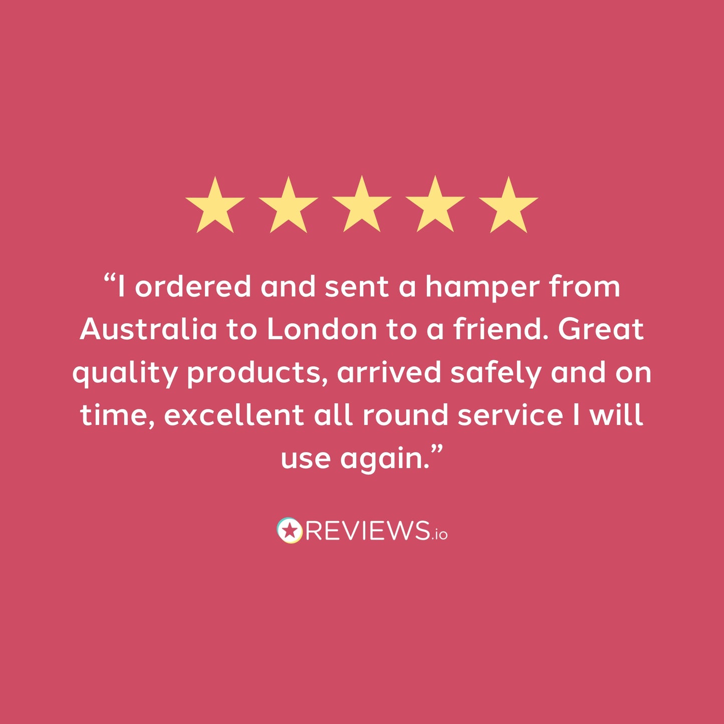 Five-star review with text on a pink background