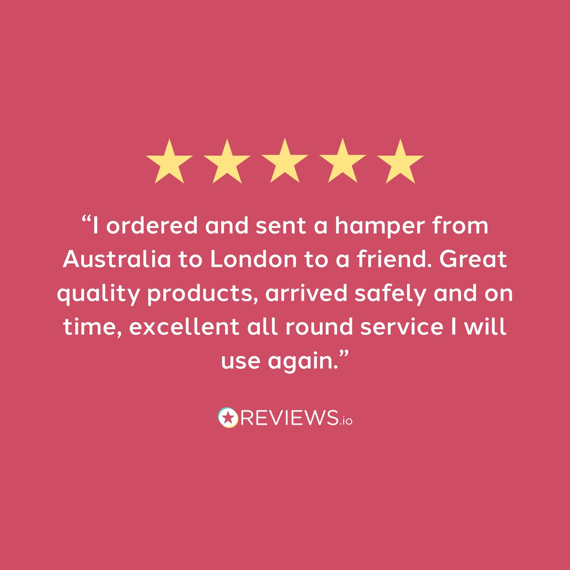Five-star review with text on a pink background