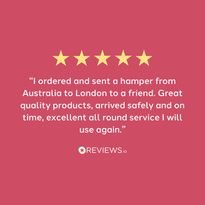 Five-star review with text on a pink background