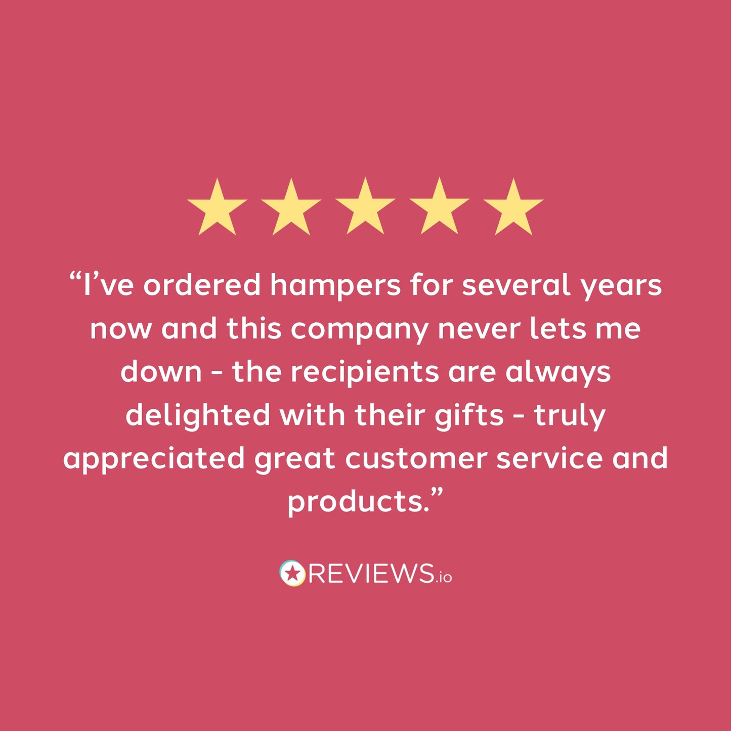 Five-star rating with a positive review on a pink background