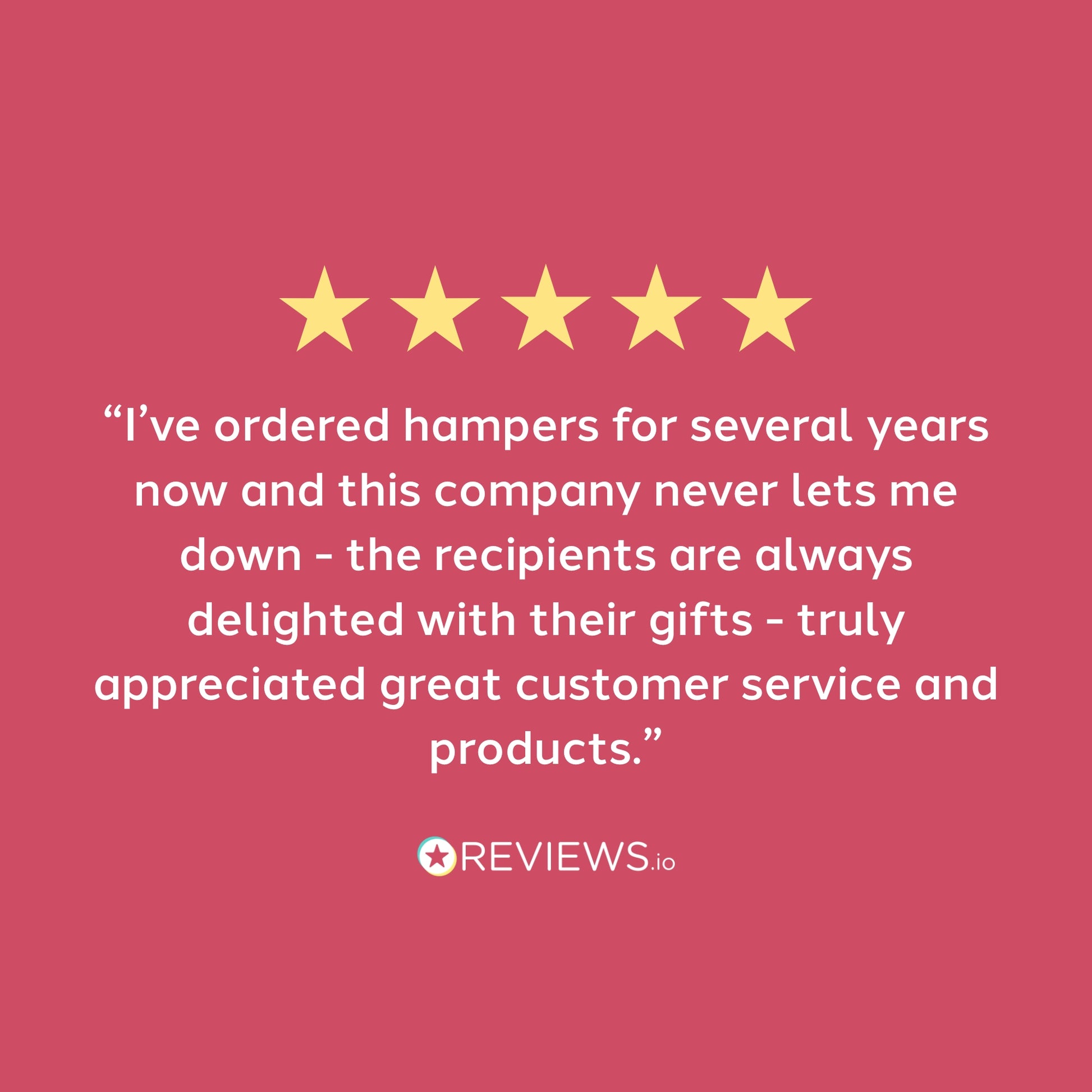 Five-star rating with a positive review on a pink background