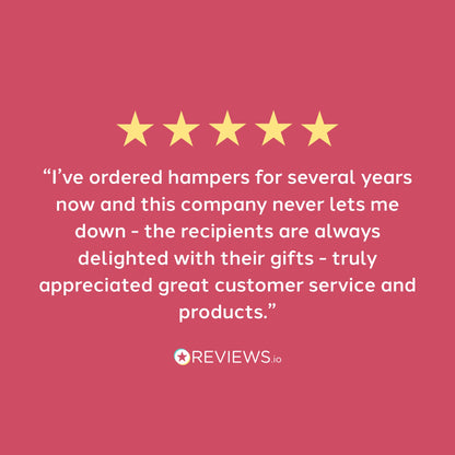 Five-star rating with a positive review on a pink background