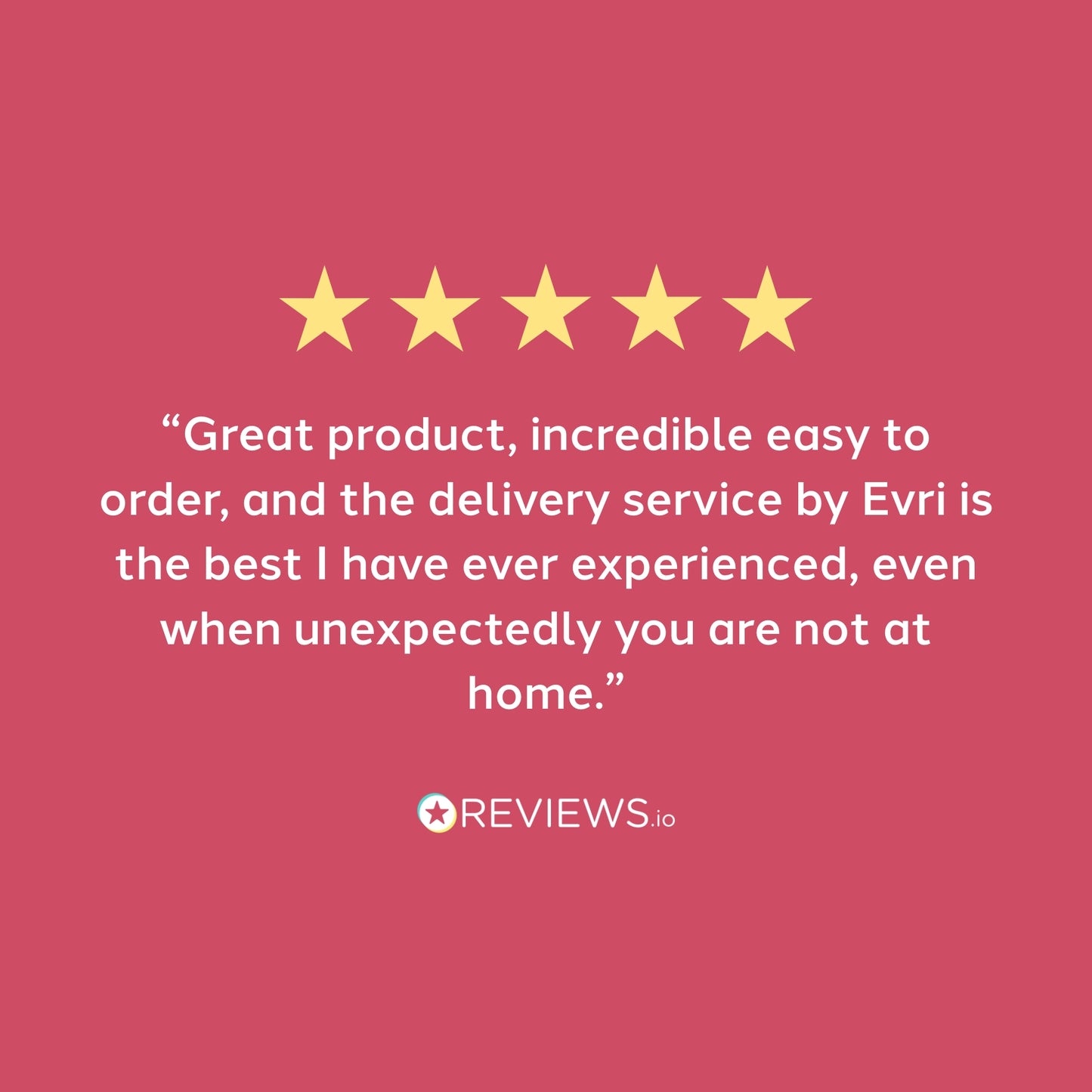 Five-star rating with a review text on a pink background, featuring the Evri brand.
