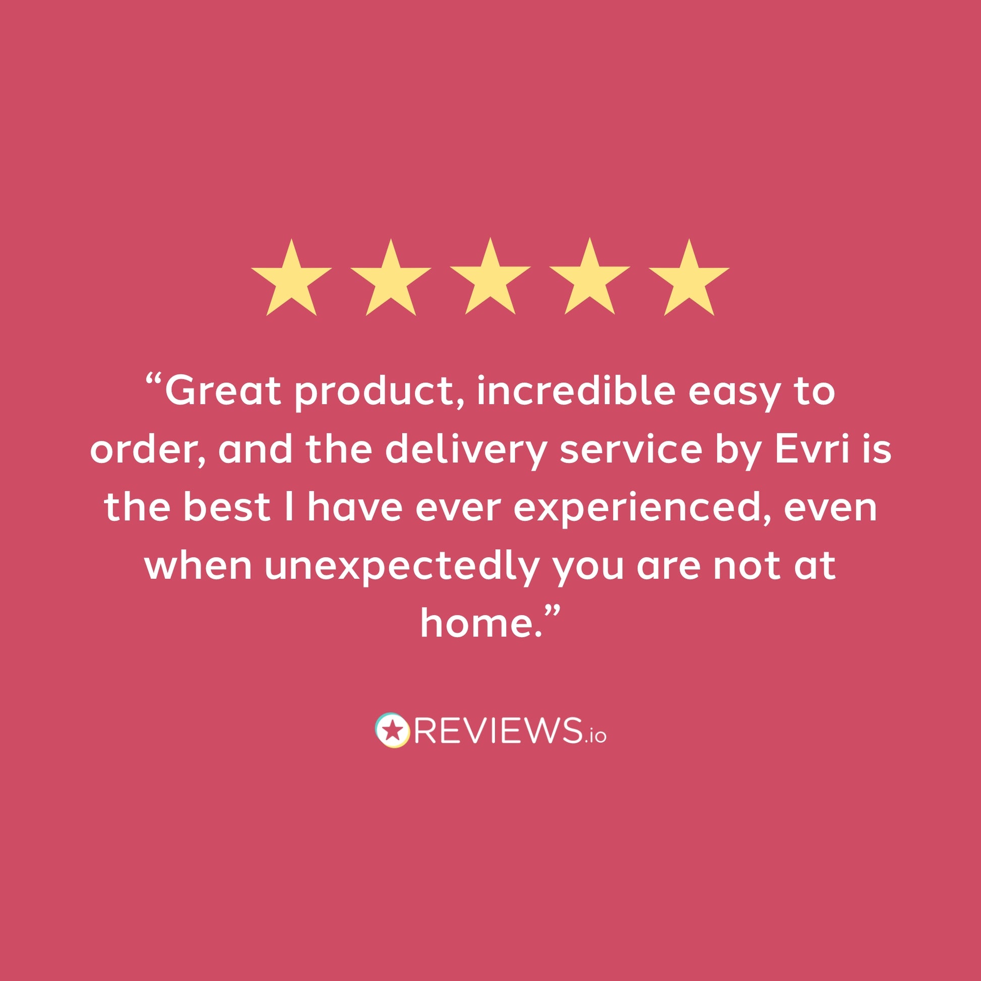 Five-star rating with a review text on a pink background, featuring the Evri brand.