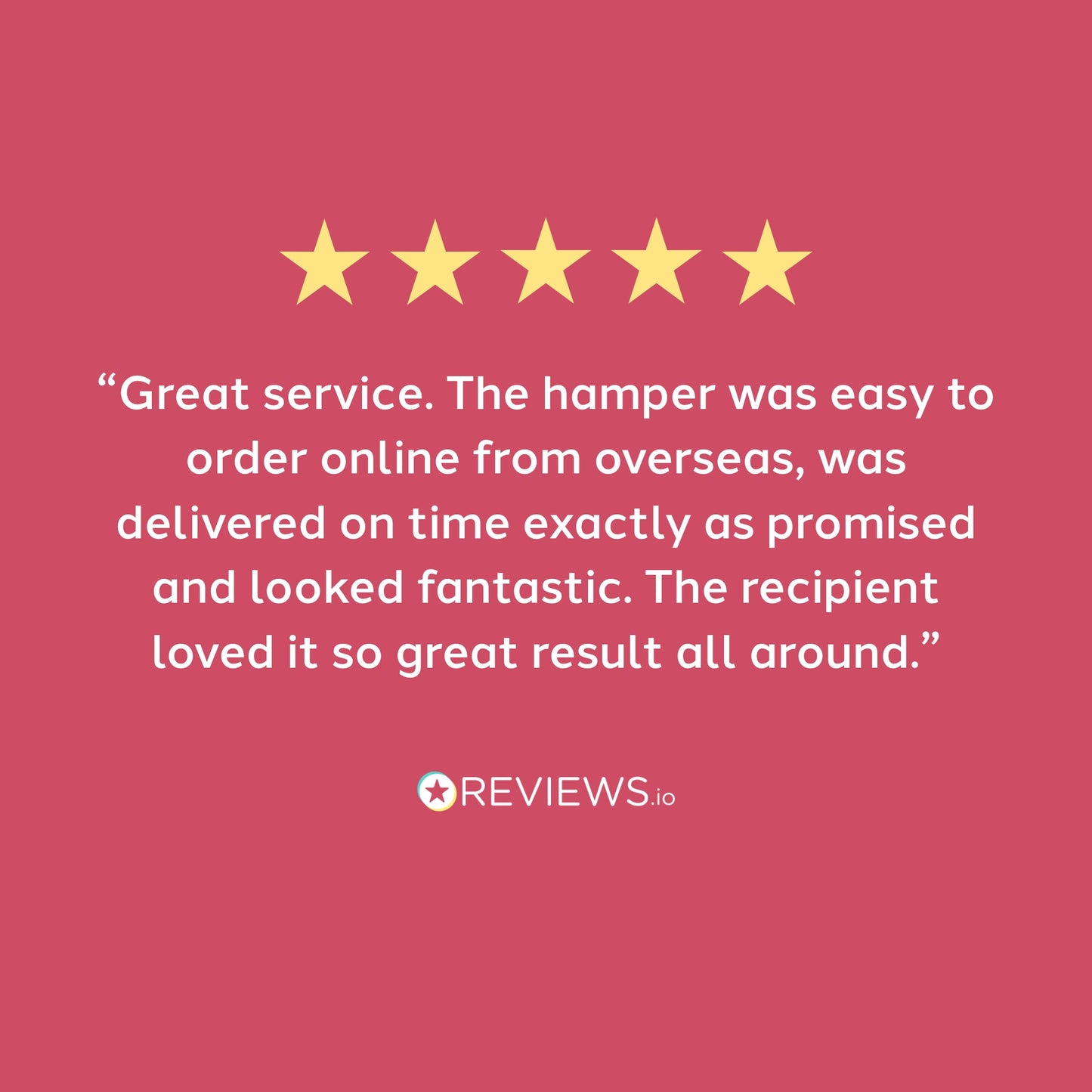 Five-star rating with a positive review on a pink background, featuring the REVIEWS.io logo.
