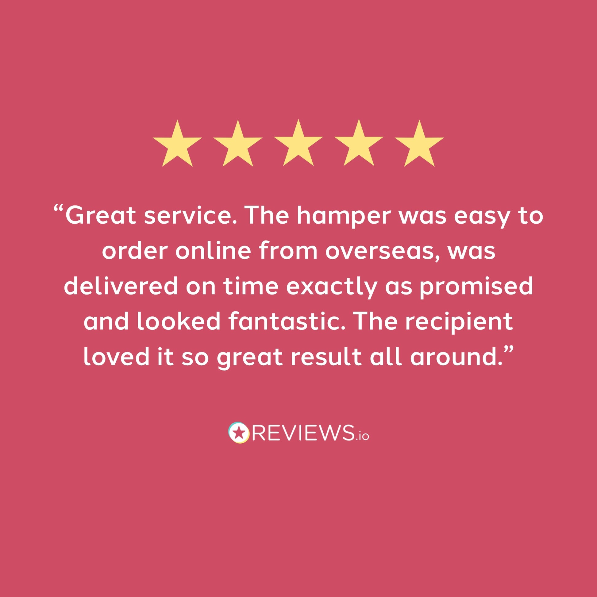 Five-star rating with a positive review on a pink background, featuring the REVIEWS.io logo.