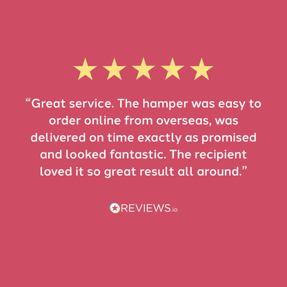 Five-star rating with a positive review on a pink background, featuring the REVIEWS.io logo.