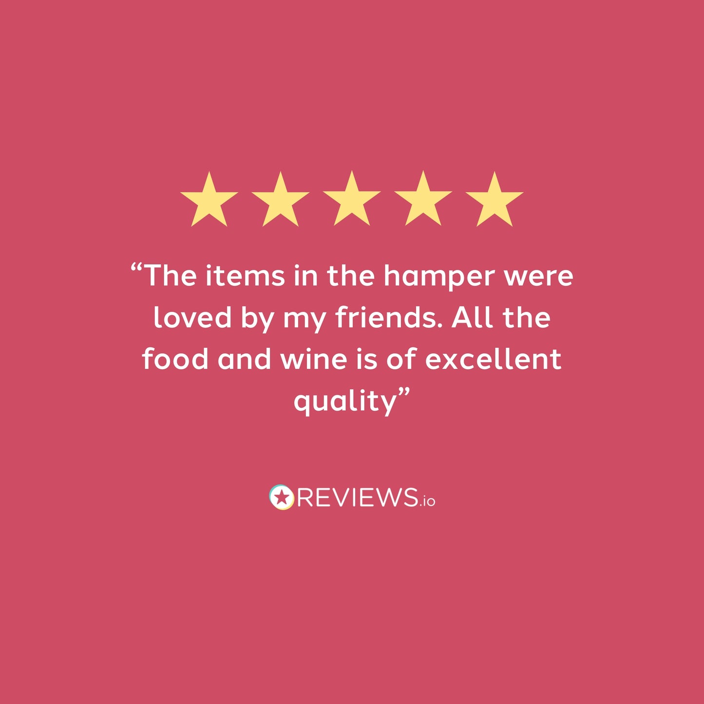 Five-star rating with a review text on a pink background, featuring the REVIEWS.io logo.