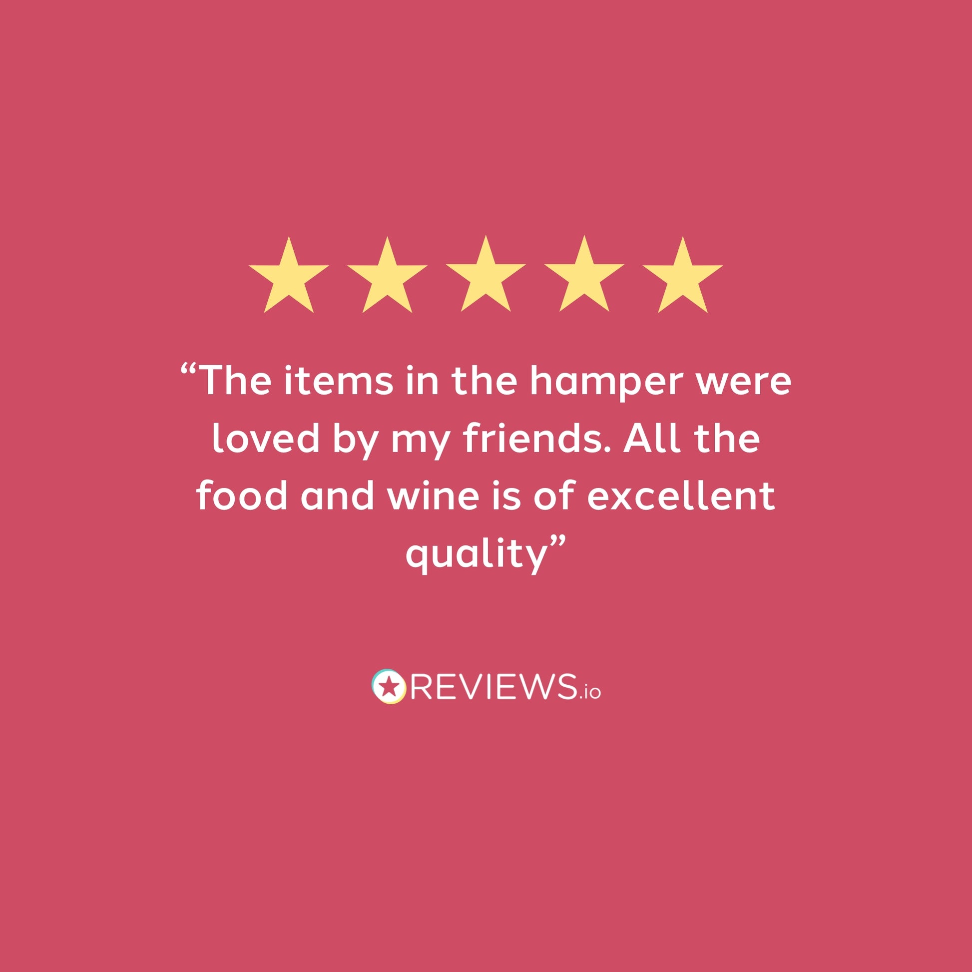 Five-star rating with a review text on a pink background, featuring the REVIEWS.io logo.