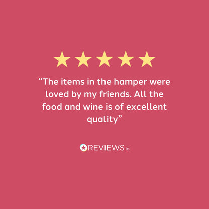 Five-star rating with a review text on a pink background, featuring the REVIEWS.io logo.