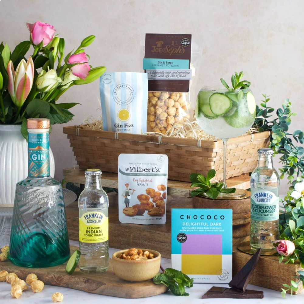 The Luxury Gin hamper with contents on display as a recommended gift hampers for mum