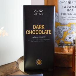 Choc Affair dark chocolate bar and caramel hot chocolate bag