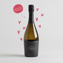 Bottle of Letizia Prosecco with illustrated hearts and caption 'perfect for Christmas'd 